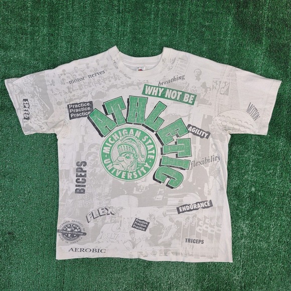Vintage 90s Michigan State Spartans AOP Shirt Size XL All Over Print Made in USA - Picture 2 of 13